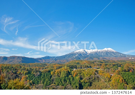 Snow-capped Mt. Ontake and Kaida Kogen in full bloom of autumn leaves seen from Mt. Ontake observatory under fine weather Snow-capped Mt. Ontake and Kaida Kogen in full bloom of autumn leaves seen from Mt. Ontake observatory under fine weather 137247614