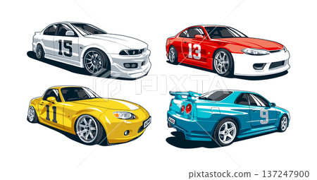 Vector set of Japanese drift cars and JDM sports coupes isolated on white background Vector set of Japanese drift cars and JDM sports coupes isolated on white background 137247900