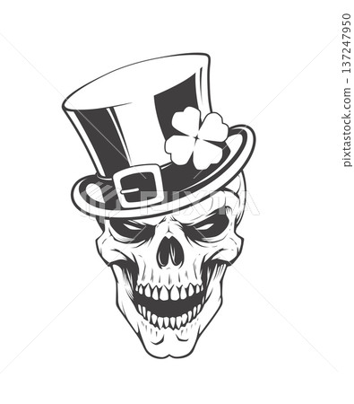 Black and white vector skull in leprechaun hat with four leaf clover Black and white vector skull in leprechaun hat with four leaf clover 137247950