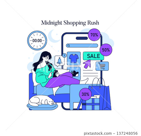 Vector illustration of a woman shopping online at midnight on her smartphone, with sale notifications and shopping bags around. A dog sleeps beside her, creating a cozy atmosphere. Vector illustration of a woman shopping online at midnight on her smartphone, with sale notifications and shopping bags around. A dog sleeps beside her, creating a cozy atmosphere. 137248056