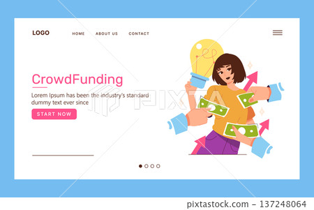 Vector illustration depicting a crowdfunding concept. A person holds a light bulb symbolizing an idea, surrounded by hands offering money. Represents the power of community funding. Vector illustration depicting a crowdfunding concept. A person holds a light bulb symbolizing an idea, surrounded by hands offering money. Represents the power of community funding. 137248064