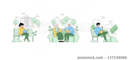 Vector illustration showing people engaging in casual outdoor activities. Individuals of various ages are reading and conversing on benches in a serene park setting, enjoying leisure time. 137248066