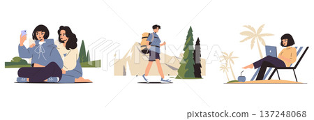 Vector illustrations depicting people in outdoor settings. A duo taking selfies in a park, a solo hiker with a backpack, and a woman working on a laptop by the beach, all enjoying leisure time. Vector illustrations depicting people in outdoor settings. A duo taking selfies in a park, a solo hiker with a backpack, and a woman working on a laptop by the beach, all enjoying leisure time. 137248068