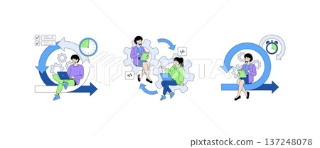 Vector illustration of professionals engaging in agile workflow using laptops and notepads, surrounded by gears and arrows symbolizing process cycles, teamwork, and productivity. 137248078