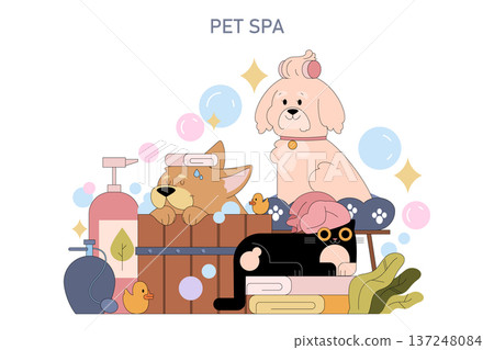 Adorable pets indulge in a soothing spa session, surrounded by bubbles, towels, and pampering products. This charming vector illustration captures relaxation and happiness in a pet spa setting. 137248084