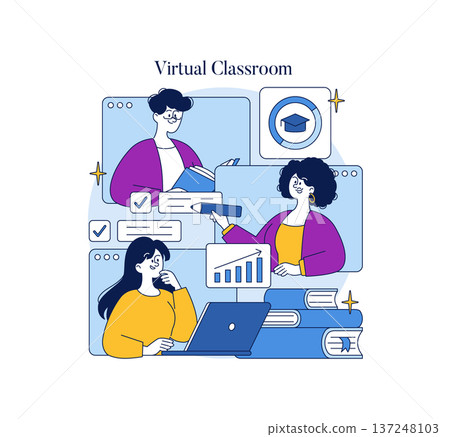 Engaging virtual classroom scene in vector style shows three animated individuals participating in online learning. Features online education elements, collaboration, and technology use. 137248103