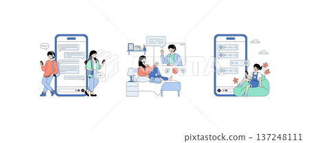 Vector illustration depicting three scenarios of digital communication. People engaging in texting, video calls, and voice messaging on mobile devices, highlighting modern connectivity. Vector illustration depicting three scenarios of digital communication. People engaging in texting, video calls, and voice messaging on mobile devices, highlighting modern connectivity. 137248111