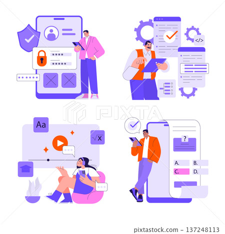 Vector illustration depicting a team engaging in digital collaboration. Individuals interact with mobile devices and digital interfaces, reflecting data security, software development, and online Vector illustration depicting a team engaging in digital collaboration. Individuals interact with mobile devices and digital interfaces, reflecting data security, software development, and online 137248113
