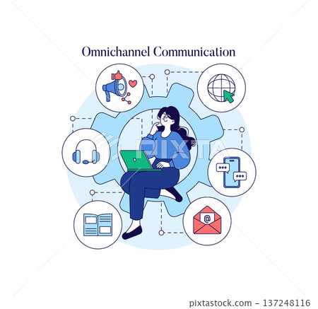 Vector illustration of a woman using a laptop to manage omnichannel communication. Surrounded by icons representing various communication tools and channels, emphasizing multitasking. 137248116