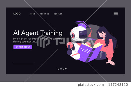 Vector illustration of AI training concept featuring a robot and a woman. The robot reads a book while the woman observes, representing technology and education in a digital age. 137248120