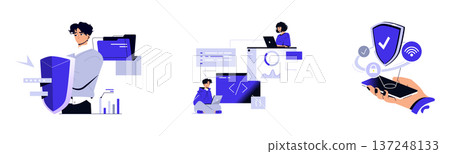 Vector illustration showing digital security, programming, and data analysis. A person holds a shield icon, symbolizing protection. Programmers work on devices, ensuring cybersecurity. Vector illustration showing digital security, programming, and data analysis. A person holds a shield icon, symbolizing protection. Programmers work on devices, ensuring cybersecurity. 137248133