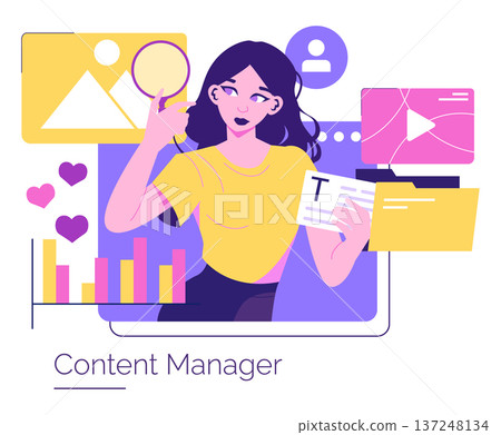 Illustration depicting a content manager character analyzing digital media elements. The image includes icons for photos, videos, and graphs, emphasizing creativity and organization. Illustration depicting a content manager character analyzing digital media elements. The image includes icons for photos, videos, and graphs, emphasizing creativity and organization. 137248134