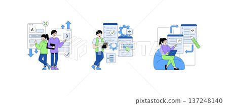 Vector illustration of people collaborating on software development. They engage in A B testing, coding, and workflow organization, using devices and discussing digital projects. 137248140