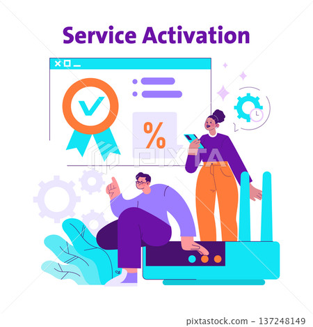 Service activation process illustrated with a team member using a smartphone and another person interacting with a digital interface. Vector art showcasing teamwork and technology concepts. Service activation process illustrated with a team member using a smartphone and another person interacting with a digital interface. Vector art showcasing teamwork and technology concepts. 137248149