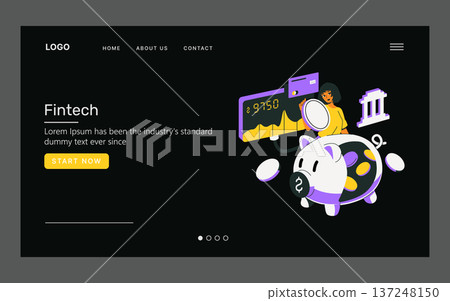 Fintech-themed vector illustration showcasing a person with financial tools and a digital screen. A piggy bank symbolizes savings and technology-driven financial solutions. Fintech-themed vector illustration showcasing a person with financial tools and a digital screen. A piggy bank symbolizes savings and technology-driven financial solutions. 137248150