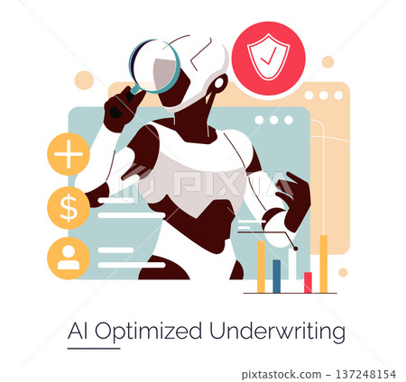 Vector illustration of an AI robot using a magnifying glass to analyze financial and security data. The modern design emphasizes artificial intelligence and data-driven decision-making. 137248154