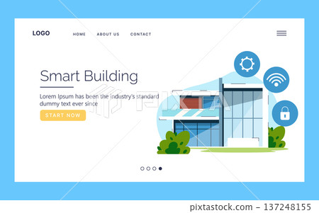 Modern smart building vector illustration on a landing page template. Features a digital design with icons symbolizing automation, connectivity, and security for innovative architecture. 137248155