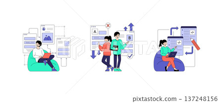 Vector illustration showing a team collaborating on digital projects. One person works on a laptop, while two others engage in a discussion about A B testing and coding. 137248156