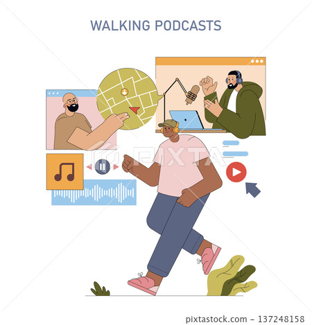 Vector illustration of a person walking while listening to a podcast, surrounded by digital elements like music icons and speakers. Engaged in an auditory experience during a stroll. Vector illustration of a person walking while listening to a podcast, surrounded by digital elements like music icons and speakers. Engaged in an auditory experience during a stroll. 137248158