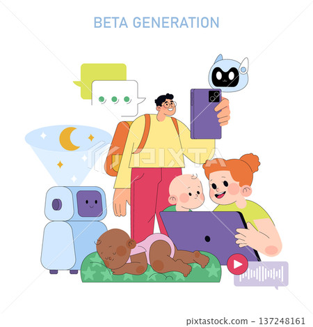 Vector illustration depicting the Beta Generation interacting with technology. Features children and adults engaged with digital devices, AI robots, and holographic elements, symbolizing future tech Vector illustration depicting the Beta Generation interacting with technology. Features children and adults engaged with digital devices, AI robots, and holographic elements, symbolizing future tech 137248161