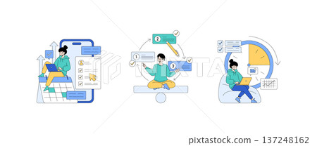 Vector illustration depicting people engaged in business strategy activities with data charts, process diagrams, and laptop usage, representing analysis, planning, and execution concepts. Vector illustration depicting people engaged in business strategy activities with data charts, process diagrams, and laptop usage, representing analysis, planning, and execution concepts. 137248162