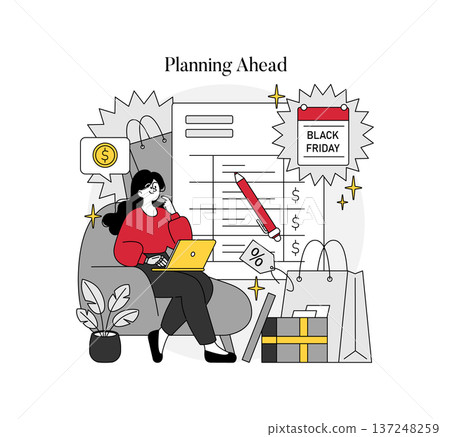 Woman sits with a laptop, planning Black Friday shopping. Surrounded by sale symbols, gift bags, and percentage signs, she appears focused on organizing a shopping list. Vector illustration. Woman sits with a laptop, planning Black Friday shopping. Surrounded by sale symbols, gift bags, and percentage signs, she appears focused on organizing a shopping list. Vector illustration. 137248259