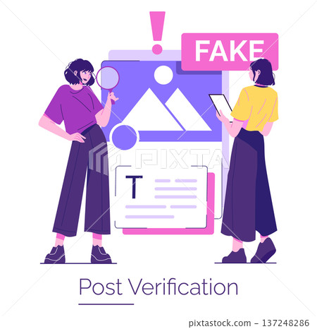 Vector illustration depicting a post verification process. Two people analyze images to identify fake content using magnifying glass and tablet, emphasizing digital content verification. Vector illustration depicting a post verification process. Two people analyze images to identify fake content using magnifying glass and tablet, emphasizing digital content verification. 137248286