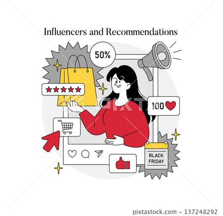 Influencer sharing shopping recommendations online with social media elements like likes and discounts. Vector illustration highlighting the role of influencers in digital marketing. Influencer sharing shopping recommendations online with social media elements like likes and discounts. Vector illustration highlighting the role of influencers in digital marketing. 137248292
