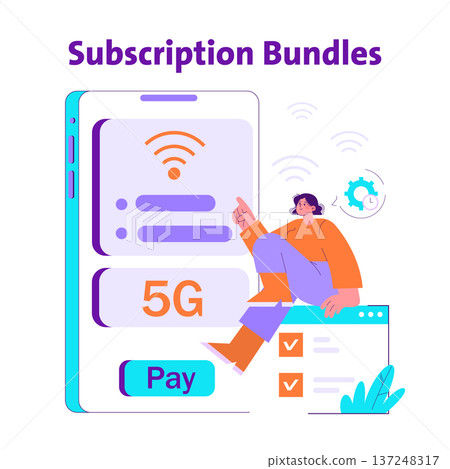 Vector illustration depicting a person interacting with a digital interface showcasing 5G subscription bundles. Features elements like a smartphone, wireless icon, and payment option. Vector illustration depicting a person interacting with a digital interface showcasing 5G subscription bundles. Features elements like a smartphone, wireless icon, and payment option. 137248317