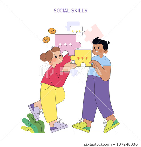 Vector illustration of two children happily working together to fit large puzzle pieces. The image highlights cooperation and social skills, with joyful expressions as they connect pieces. 137248330