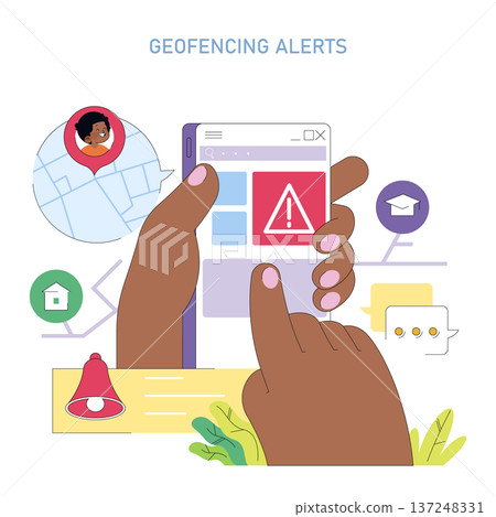 Vector illustration showing a smartphone with geofencing alert notification. Hands interact with the screen displaying a warning symbol. Speech bubbles and map icons enhance the concept. 137248331