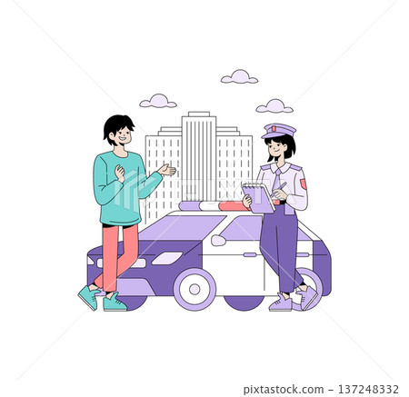 Vector illustration of a police officer taking notes while conversing with a person next to a patrol car in an urban setting. Both individuals appear relaxed and engaged. 137248332