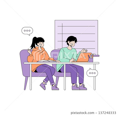 Vector illustration of two students engaged in a study session. One is using a laptop while the other takes notes, both smiling and exchanging ideas in a collaborative environment. 137248333