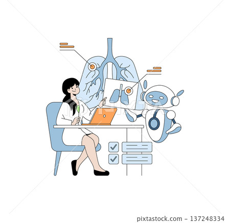 Doctor evaluates lung radiology with a robot assistant, indicating AI in healthcare. The vector illustration depicts collaboration between technology and medical professionals in diagnostics. 137248334