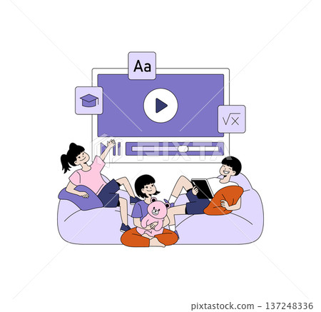 Vector illustration of three smiling children on a couch, engaged with educational media. They are using a tablet and enjoying the learning experience together in a cozy setting. Vector illustration of three smiling children on a couch, engaged with educational media. They are using a tablet and enjoying the learning experience together in a cozy setting. 137248336