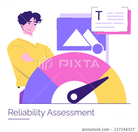 Vector illustration of a confident individual standing by a reliability assessment gauge, symbolizing evaluation and trust in decision-making with vibrant colors and clear graphics. 137248337