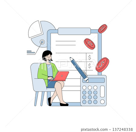 Vector illustration of a businesswoman using a laptop to analyze financial data. Surrounding elements include charts, coins, calculator, and a checklist, conveying finance concepts. 137248338