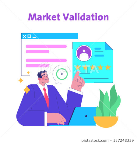 Vector illustration of a businessman actively engaged in market validation, presenting a star rating review system on a digital display. Emphasizes the concept of feedback and rating. Vector illustration of a businessman actively engaged in market validation, presenting a star rating review system on a digital display. Emphasizes the concept of feedback and rating. 137248339
