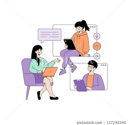 Vector illustration of three people engaging in online collaboration. Characters are using devices like laptops and tablets. Speech bubble and digital interface elements included. Vector illustration of three people engaging in online collaboration. Characters are using devices like laptops and tablets. Speech bubble and digital interface elements included. 137248340