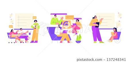 Vector illustration of diverse educational activities in a classroom setting. Students and teachers engage collaboratively using technology and interactive learning methods. 137248341