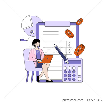 Vector illustration of a woman seated with a laptop, analyzing financial data. Surrounded by large calculator, coins, and documents, symbolizing budgeting and financial planning. 137248342