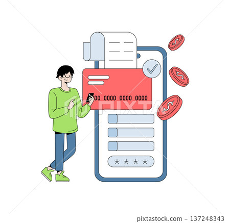 Vector illustration of a man smiling while using his smartphone to process a mobile payment. A large phone screen shows a credit card and digital transaction details. Vector illustration of a man smiling while using his smartphone to process a mobile payment. A large phone screen shows a credit card and digital transaction details. 137248343