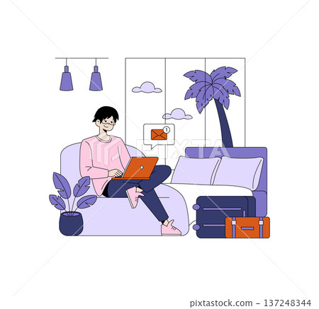 Vector illustration of a person working comfortably on a laptop at home, surrounded by plants and luggage. The stylish setting reflects a relaxed and efficient remote work vibe. Vector illustration of a person working comfortably on a laptop at home, surrounded by plants and luggage. The stylish setting reflects a relaxed and efficient remote work vibe. 137248344
