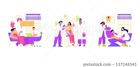 Medical professionals interact with patients in this vector illustration, depicting various healthcare scenarios like consultations, checkups, and pediatric dental care, highlighting medical 137248345
