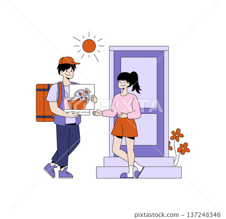 Vector illustration of a smiling delivery person handing over a food package to a happy customer at the door. The image captures a cheerful exchange and outdoor setting. Vector illustration of a smiling delivery person handing over a food package to a happy customer at the door. The image captures a cheerful exchange and outdoor setting. 137248346