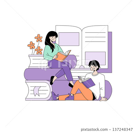 Vector illustration of two friends relaxing with books, surrounded by large open book and flowers. Their content and happy expressions highlight the joy of reading together. Vector illustration of two friends relaxing with books, surrounded by large open book and flowers. Their content and happy expressions highlight the joy of reading together. 137248347