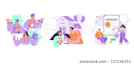 Vector illustration set showing diverse educational themes: jubilant graduates holding diplomas, parents and children at school, and individuals receiving certificates online, symbolizing academic Vector illustration set showing diverse educational themes: jubilant graduates holding diplomas, parents and children at school, and individuals receiving certificates online, symbolizing academic 137248352