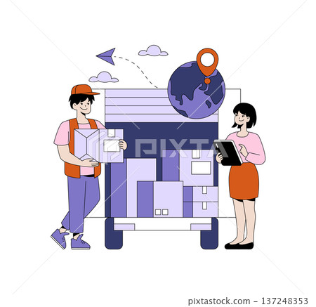 Vector illustration of a logistics team coordinating global package delivery with boxes in a truck. A worker holds a package while a supervisor uses a tablet for tracking. Vector illustration of a logistics team coordinating global package delivery with boxes in a truck. A worker holds a package while a supervisor uses a tablet for tracking. 137248353
