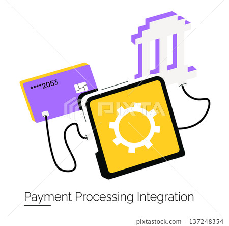 Vector illustration showcasing payment processing integration involving a credit card, a technical gear icon on a tablet, and a bank symbol. Represents digital finance and connectivity. Vector illustration showcasing payment processing integration involving a credit card, a technical gear icon on a tablet, and a bank symbol. Represents digital finance and connectivity. 137248354