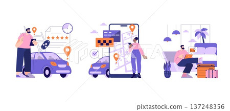 Illustrative scenes of a man using a smartphone to book a car, a woman interacting with a navigation app, and a man relaxing with a laptop. Symbols of connectivity and travel included. 137248356